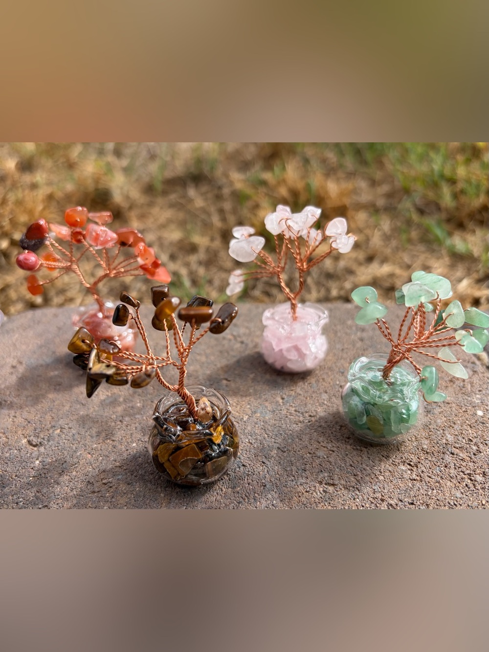 🌈 8pc Handmade Natural Gemstone Tree Miniature Glass Pot Collection